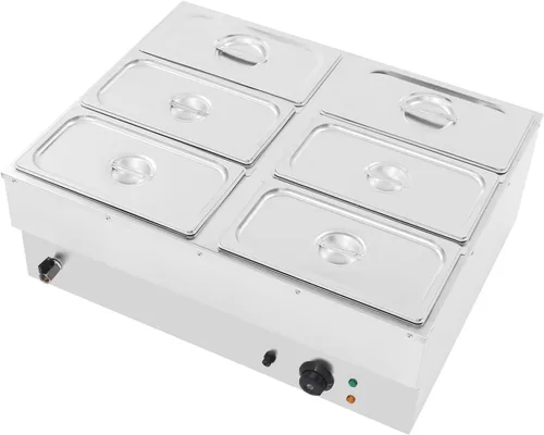 Miniatura 6 de Calentador de alimentos comercial de 6 bandejas, mesa de vapor eléctrica de 850 W, 3.2 cuartos de galón, encimera de buffet Bain Marie de acero