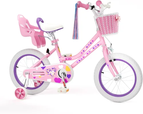 Miniatura 11 de XJD Bicicleta para niñas de 2 a 12 años, bicicleta para niños de 12, 14 y 16 pulgadas, con ruedas de entrenamiento, serpentinas, cesta y asiento