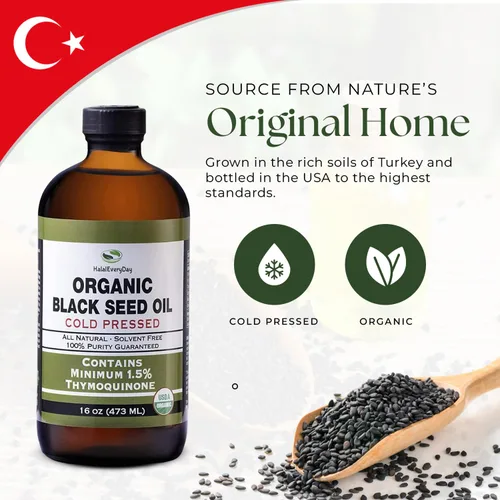 Miniatura 5 de HalalEveryDay Aceite de semilla negra orgánico – Certificado USDA, botella de vidrio prensado en frío de 16 onzas – Más de 1.5% timoquinona turca