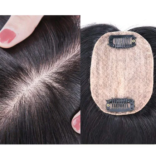 Miniatura 5 de Decoración de cabello humano real para mujer, base de seda, clip en la parte superior del cabello para cubrir el cabello blanco, cinta de pelo liso