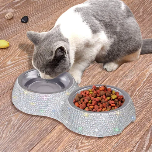 Miniatura 6 de SAVORI Cuencos pequeños para perros, hechos a mano con diamantes de imitación brillantes de acero inoxidable para mascotas, comedero doble de AB