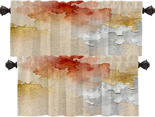 Miniatura 177 de Shrahala Beige and Orange Abstract Art Brushstrokes Blackout Curtain Tiers, Abstract Oil Paint Kitchen Valance Light Blocking Tier Drapes with Rod