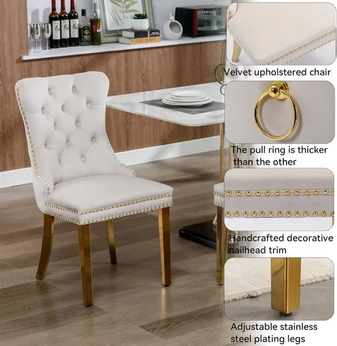 Miniatura 7 de Juego de mesa de comedor de cristal dorado moderno de 70 pulgadas para 4, juego de mesa de comedor rectangular de 5 piezas con tres patas de acero