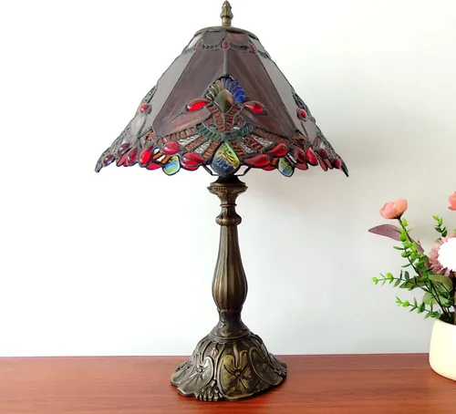 Miniatura 4 de Tiffany - Lámpara de mesa de estilo barroco rojo, lámpara de vitrales de 12 x 12 x 19 pulgadas, lámpara antigua para oficina, hogar, dormitorio