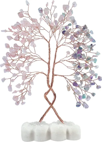 Miniatura 7 de mookaitedecor Árbol de cristal natural de cuarzo rosa y aguamarina con doble corazón de roca de cuarzo con base de piedra, bonsái, árbol de la vida