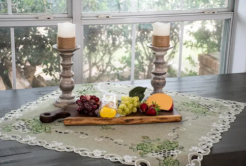 Miniatura 5 de Linens, Art and Things Mantel pequeño bordado con hojas verdes sobre tela verde antiguo, mantel pequeño, bufanda de 33 pulgadas, tapete cuadrado
