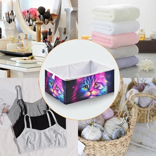 Miniatura 5 de Vnurnrn Cubo de almacenamiento plegable con impresión de gato morado brillante, cestas organizadoras con tablero de soporte para armario de estante