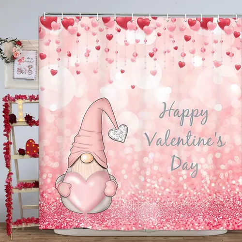 NYMB Cortina de ducha de San Valentín con corazón rosa, romántica con purpurina y lindo gnomo en caída romántica de corazones rojos, cortina de