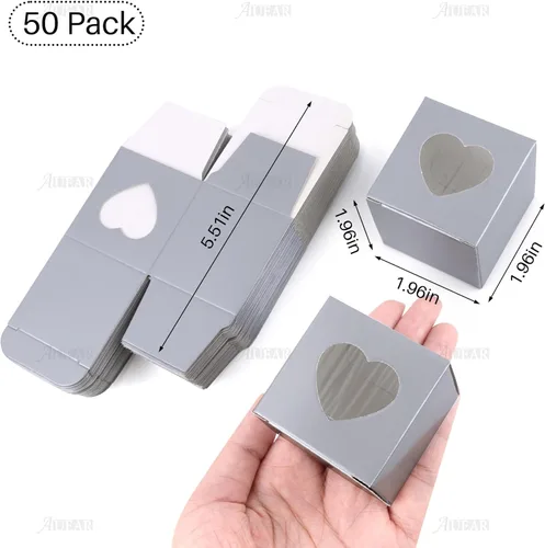 Miniatura 2 de AUEAR, Paquete de 50 cajas de regalo Kraft con ventana de corazón de plástico transparente de 2 x 2 x 2 pulgadas, regalo gris para pasteles, dulces