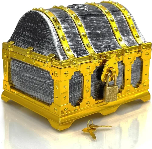 Miniatura 9 de Juego de 128 piezas de cofre del tesoro pirata con marco dorado para niños, juguetes de simulación pirata vintage, incluye monedas, joyas, dinero