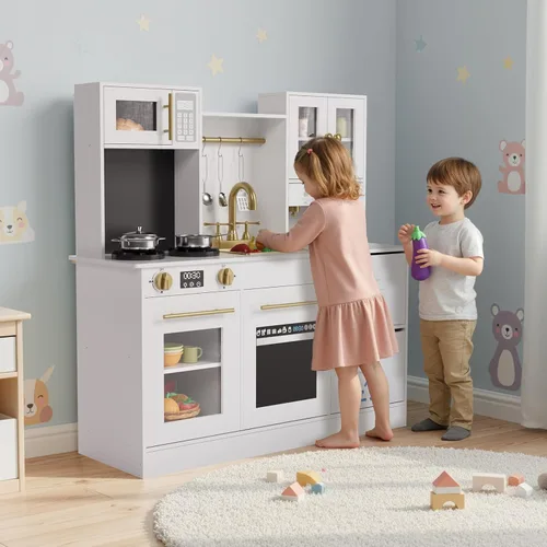 Miniatura 7 de MAMIZO Cocina de juego para niños, cocina de juguete de simulación de madera, juego de cocina Toodler, estufa con luz y sonido, fregadero, Blanco