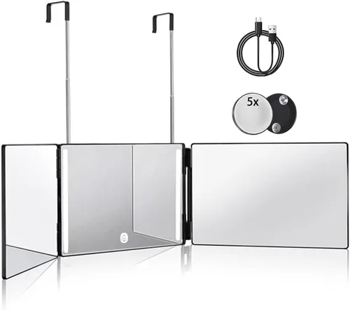 HIEEY Espejo de 3 vías para corte de cabello con LED, espejo triple de 360 grados con ganchos telescópicos ajustables en altura y aumento de 5X,