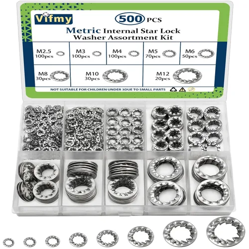 Miniatura 11 de Kit de Arandelas de Bloqueo de Diente Externo Vifmy (Paquete de 500), M2.5 M3 M4 M5 M6 M8 M10 M12 Métricas Juego de Arandelas de Estrella Externa