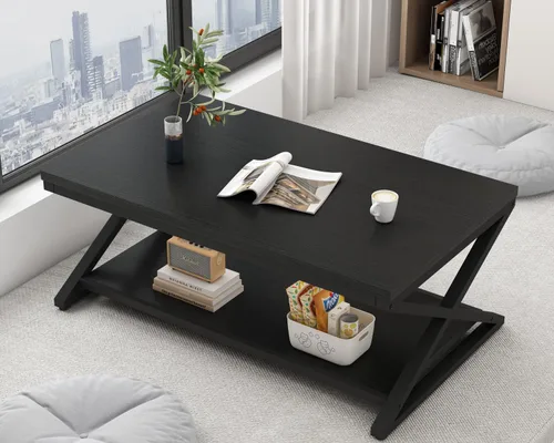 Miniatura 9 de HSH Mesa de café negra moderna, mesa de cóctel rectangular simple de 47 pulgadas con estante de exhibición de almacenamiento, mesa de té industrial