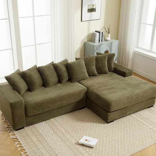 Miniatura 28 de Sofá modular moderno de 111 pulgadas, sofá de pana en forma de L con diván izquierdo, salón extra ancho, 8 almohadas, juego de sofá esquinero