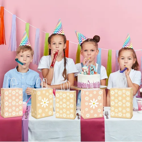 Miniatura 6 de Outus 24 bolsas de regalo de margaritas para fiestas, bolsas de papel de regalo de flores bohemias con asas, bolsas de papel retro hippie
