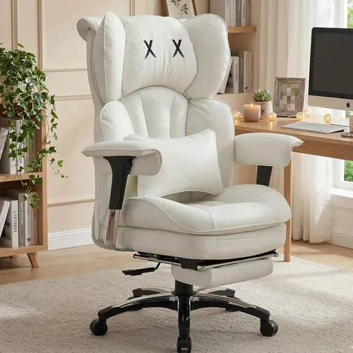 Efomao Silla de oficina blanca grande y alta con reposapiés, silla ergonómica de respaldo alto para computadora con reposabrazos ajustables, asiento