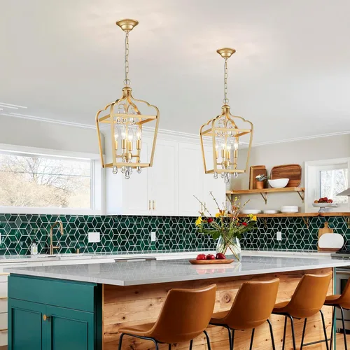 Miniatura 2 de Gold Crystal Chandelier, 4-Light Modern Chandeliers for Dining Room Light Fixture Over Table Adjustable Height Hanging Farmhouse Pendant Light for