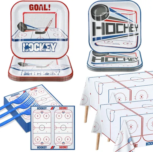 Miniatura 9 de Decoraciones de cumpleaños de hockey – Paquete de 162 piezas de vajilla de hockey sobre hielo, platos temáticos de hockey desechables, servilletas