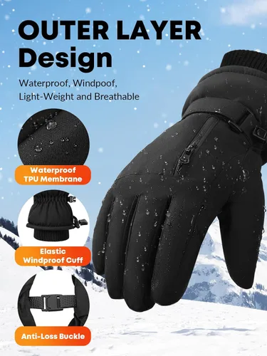 Miniatura 3 de KASBAH Guantes térmicos impermeables de invierno para hombres y mujeres, guantes de esquí con aislamiento cálido con diseño antideslizante