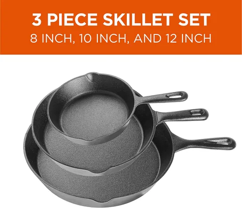 Miniatura 2 de Commercial CHEF Juego de sartenes de hierro fundido de 3 piezas, 6 pulgadas, 8 pulgadas y 10 pulgadas, utensilios de cocina de hierro fundido