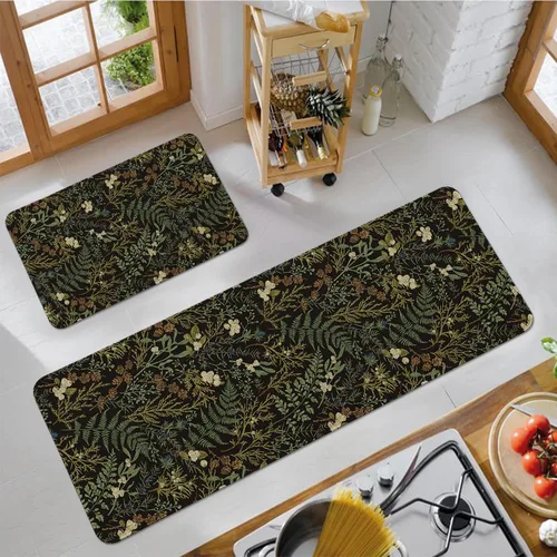 Miniatura 6 de Alfombras de Cocina Vintage Negras y Verdes Botánicas, Juego de 2 Alfombras de Cocina Antideslizantes Lavables, Tapetes de Cocina con Helechos