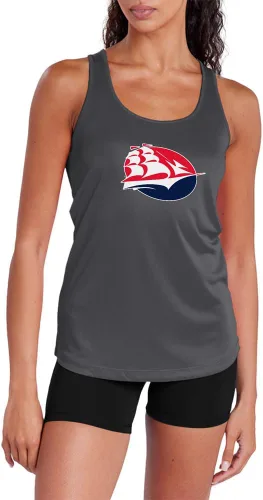 Miniatura 202 de Camiseta deportiva sin mangas oficial de la NCAA Collegiate para mujer, con espalda cruzada, logotipo primario, colección carbón