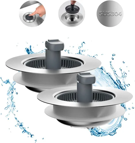 Miniatura 12 de Hibbent - Combo de colador y tapón de drenaje desplegable 3 en 1 para fregadero de cocina, de acero inoxidable, cesta antiobstrucción, con mango