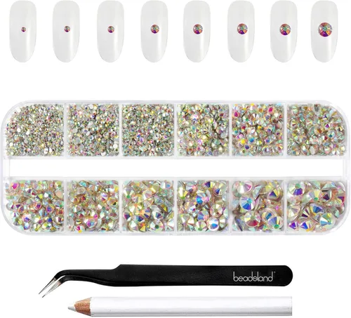 Miniatura 16 de Beadsland Diamantes de imitación para maquillaje, 8 tamaños, 2500 unidades de diamantes de imitación de cristal con parte trasera plana, gemas