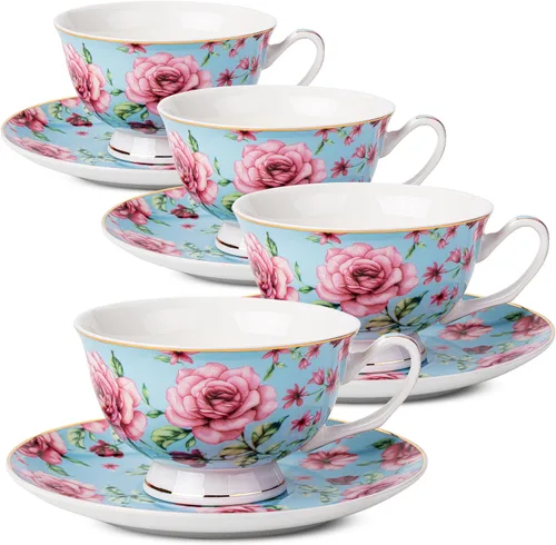 BTaT - Juego de tazas de té y platillos florales, 8 onzas, juego de tazas de té de porcelana fina con ribete dorado para té de la tarde, bodas,