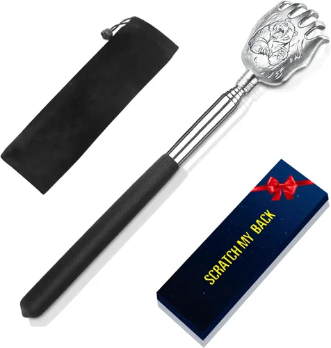 Rascador de espalda de garra de oso con bolsa de regalo, herramienta de masaje telescópica portátil de acero inoxidable de metal - Regalo / relleno