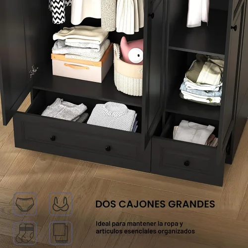 Miniatura 5 de Armario Armario con cajones: armario negro de 74 pulgadas con 3 puertas, Armario alto con barra para colgar, armario grande de madera