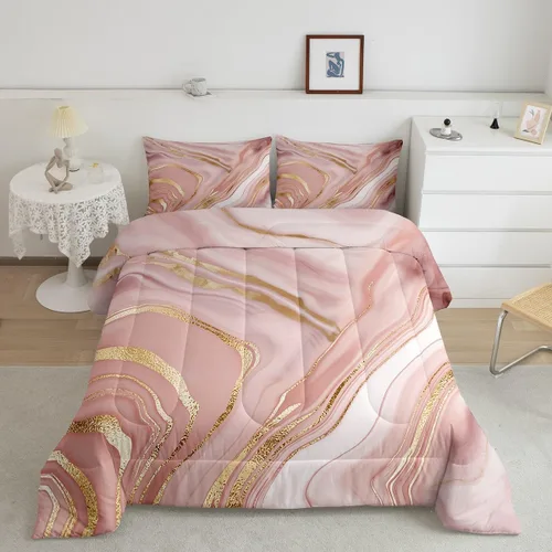 Erosebridal Juego de edredón de mármol rosa dorado para niños y niñas, ropa de cama de mármol metálico, juegos de edredón de textura de mármol