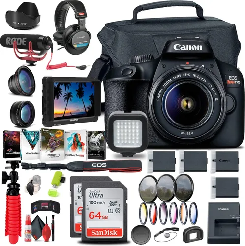 Canon EOS Rebel T100 / 4000D Cámara DSLR con lente de 0.709-2.165 in, monitor 4K, micrófono, auriculares, 2 tarjetas de 64 GB, kit de filtro, funda,