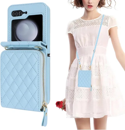 KIHUWEY Funda tipo cartera para Samsung Galaxy Z Flip 5, bolso cruzado con cremallera con ranura para tarjeta de crédito, bloqueo RFID, correa Azul