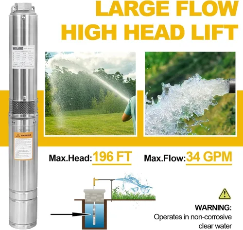 Miniatura 2 de WASSERMANN Bomba sumergible de pozo profundo de 4 pulgadas con cable de 10 pies, 1HP, 115 V/60 Hz, 34 GPM, cabezal de 196 pies, bomba de pozo