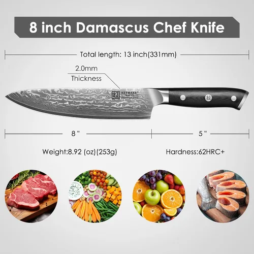 Miniatura 2 de KEEMAKE Cuchillo de chef de Damasco, cuchillo de cocina de 8 pulgadas, cuchillo de damasco de 67 capas, cuchillos de cocina profesionales con núcleo
