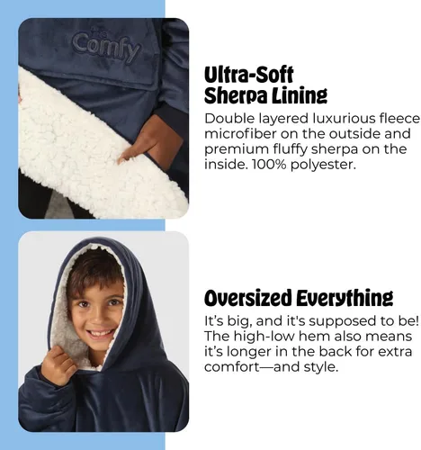 Miniatura 4 de THE COMFY Original Jr para niños Manta de sherpa de forro polar de gran tamaño con capucha y bolsillo Vista en Shark Tank Azul