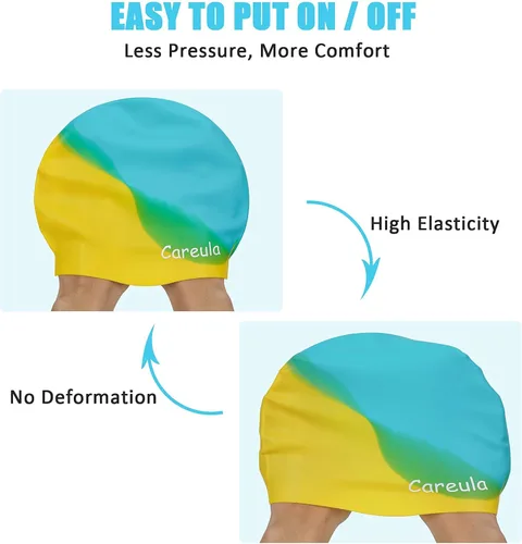 Miniatura 5 de Gorro de natación, paquete de 2 gorras de natación de silicona duraderas para niños, niñas, niños y jóvenes (edad 2-12), suaves 3D ergonómicos
