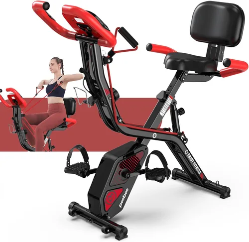 Miniatura 12 de pooboo - Bicicleta de ejercicio plegable, bicicleta estática vertical plegable, bicicleta magnética para interiores X-Bike con resistencia ajustable