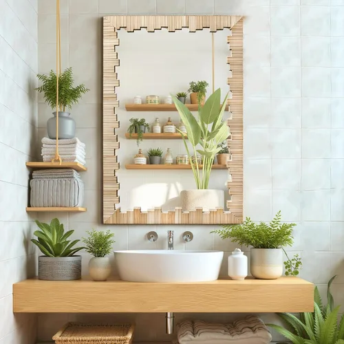 Miniatura 3 de AMOISE Espejo de pared bohemio con marco de madera, 30 x 20 pulgadas, imitación ratán espejo de tocador decorativo para baño, sala de estar