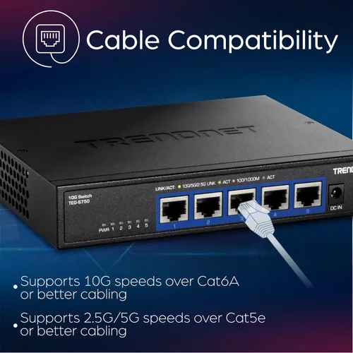 Miniatura 8 de TRENDnet Switch 10G de 5 puertos, TEG-S750, 5 puertos RJ-45 de 10G, capacidad de conmutación de 100 Gbps, soporta conexiones 2.5G y 5G-Base-T