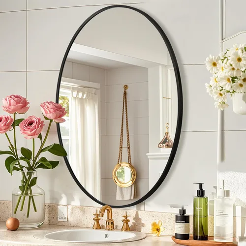 Espejo ovalado negro para baño, espejo de baño ovalado de 20 x 28 pulgadas con marco de metal cepillado, espejo de tocador decorativo montado en la