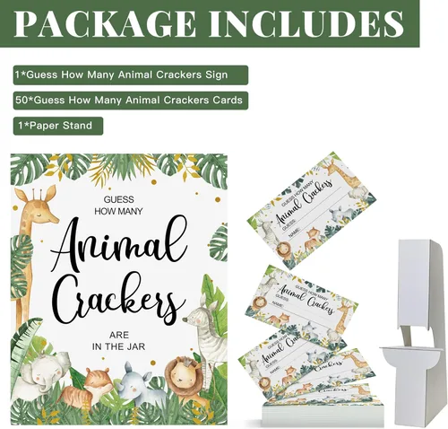 Miniatura 2 de Celepaty 50 juegos de safari para baby shower, tarjetas de juego Safari Guess How Many Animal Crackers con letrero, juegos de ducha temáticos