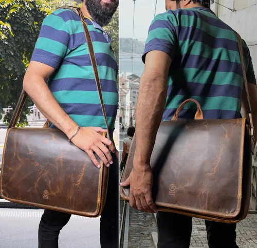 Miniatura 2 de Bolso de mensajero de cuero para hombre, 14 pulgadas, bolso de cuero para laptop, bolso cruzado vintage para oficina, bolso de hombro de viaje Marrón