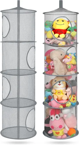 Miniatura 23 de Almacenamiento Colgante para Juguetes de Peluche, Organizador de Almacenamiento de Peluches Plegable para Rincón con 4 Compartimentos, Organizador