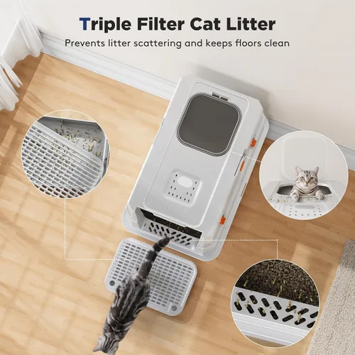 Miniatura 6 de FURTIME Caja de arena de acero inoxidable con tapa, caja de arena cerrada extragrande para gatos grandes, caja de metal para gatos con caja de alta