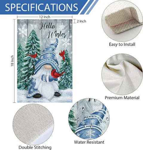 Miniatura 4 de Bandera de jardín de gnomo de invierno de 12 x 18 pulgadas, arpillera de doble cara, cardenales, copos de nieve, banderas de patio para Navidad