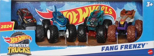 Miniatura 6 de Hot Wheels Monster Trucks - Juego de 4 juguetes, paquete de 4 vehículos Fang Frenzy a escala 1:64, ruedas gigantes, personajes favoritos
