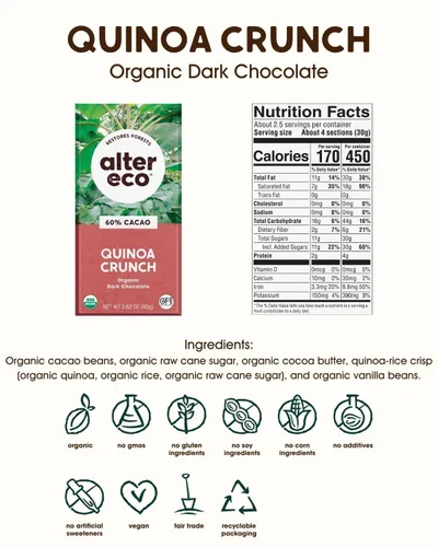 Miniatura 2 de Alter Eco Barras de chocolate negro Cacao oscuro puro, comercio justo, orgánico, sin OMG, sin gluten (paquete de 4 quinoa crujiente)